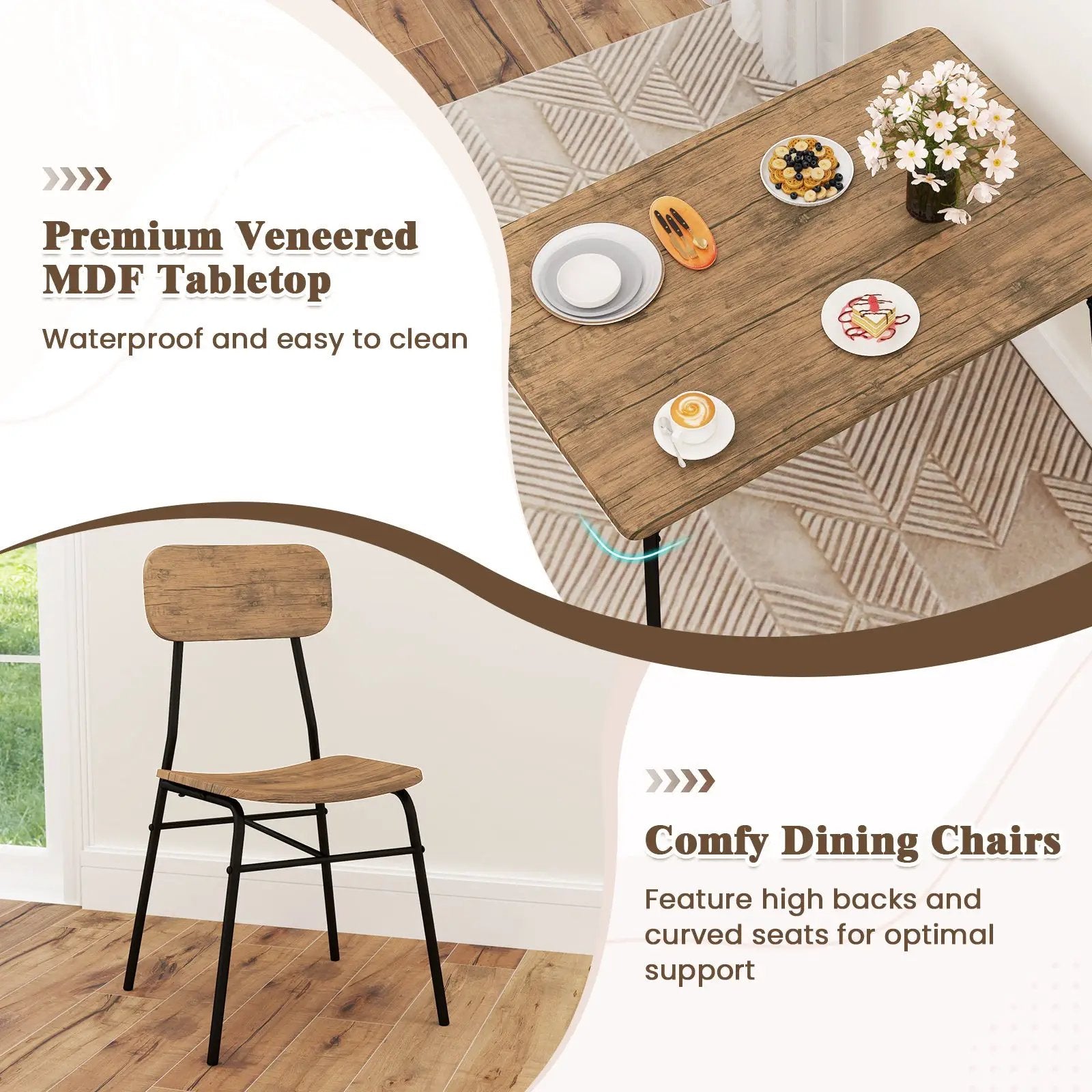 4 Piece Dining Table Set for 4 Metal Frame with Bench and 2 Chairs-Brown by DirectDeals