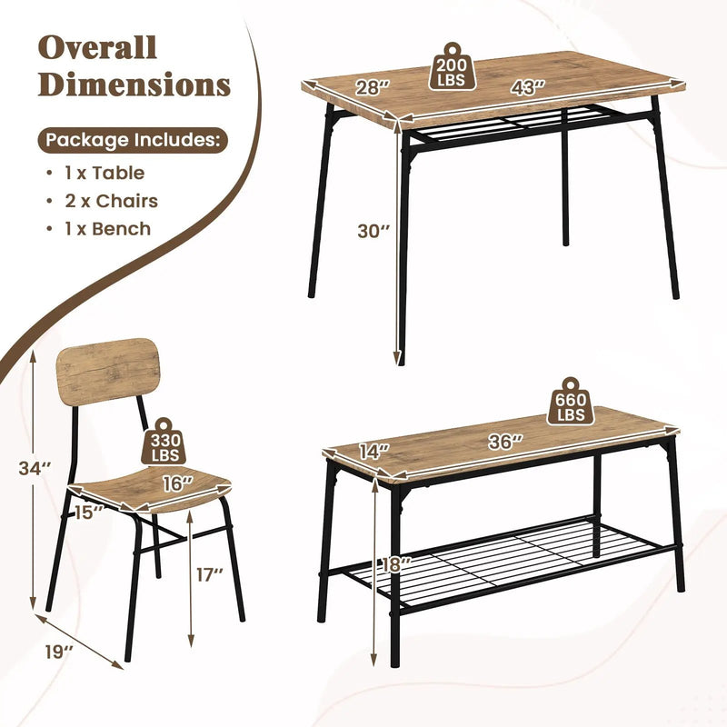 4 Piece Dining Table Set for 4 Metal Frame with Bench and 2 Chairs-Brown by DirectDeals