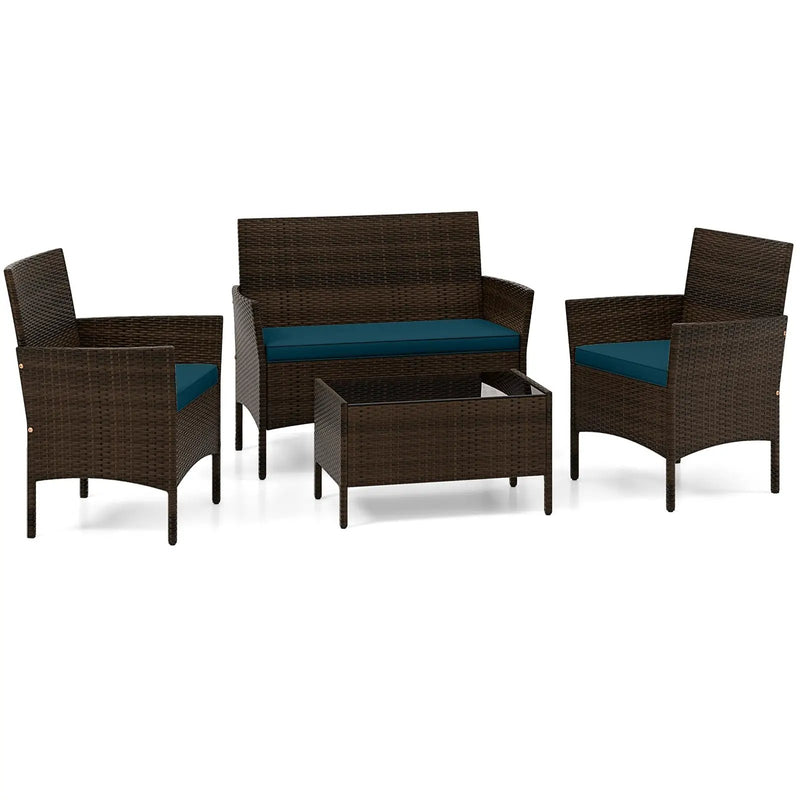 4 Piece Patio Rattan Conversation Set with Cozy Seat Cushions by DirectDeals