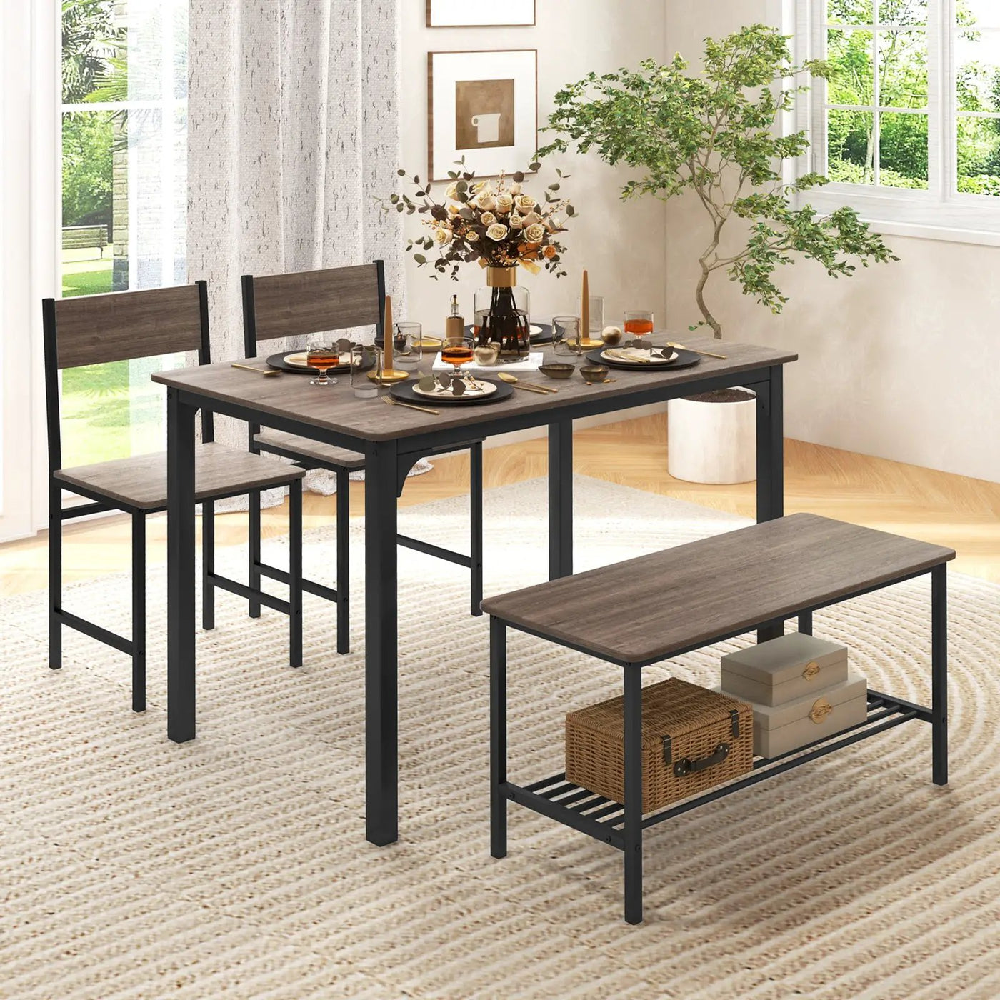 4 Pieces Rustic Dining Table Set with 2 Chairs and Bench by DirectDeals