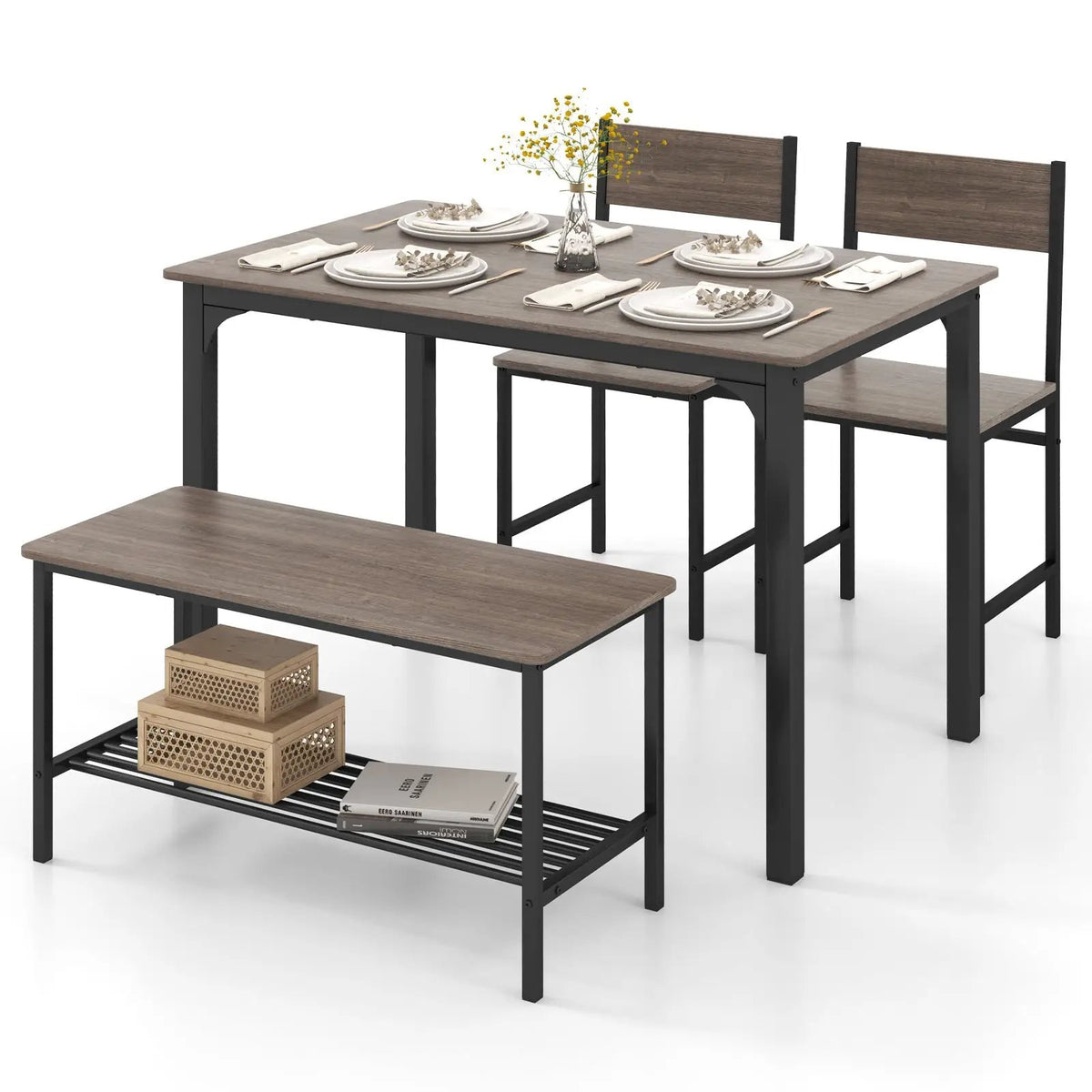 4 Pieces Rustic Dining Table Set with 2 Chairs and Bench by DirectDeals