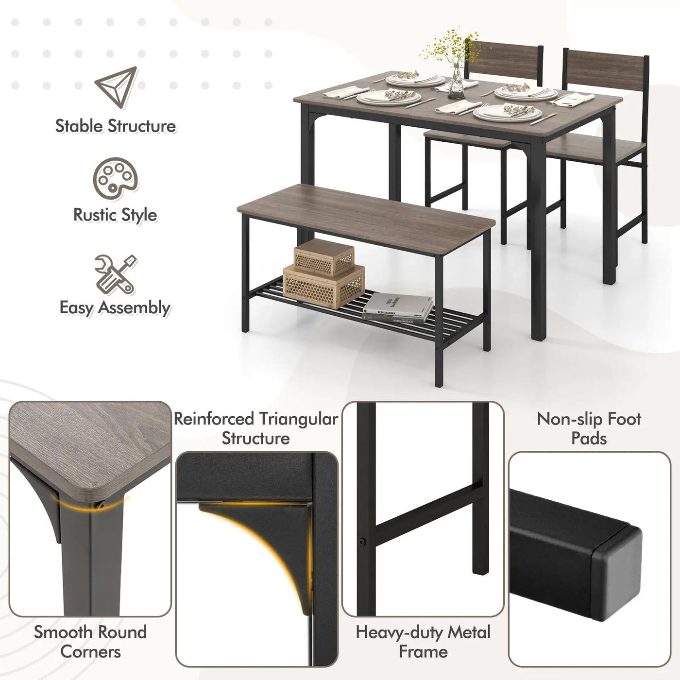 4 Pieces Rustic Dining Table Set with 2 Chairs and Bench by DirectDeals