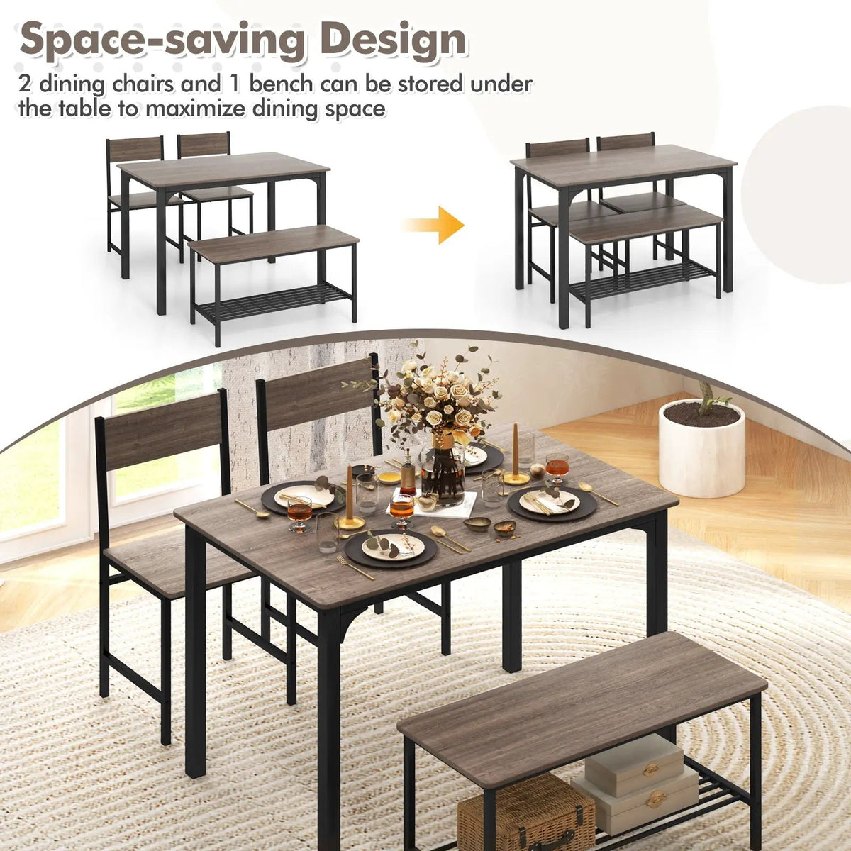 4 Pieces Rustic Dining Table Set with 2 Chairs and Bench by DirectDeals