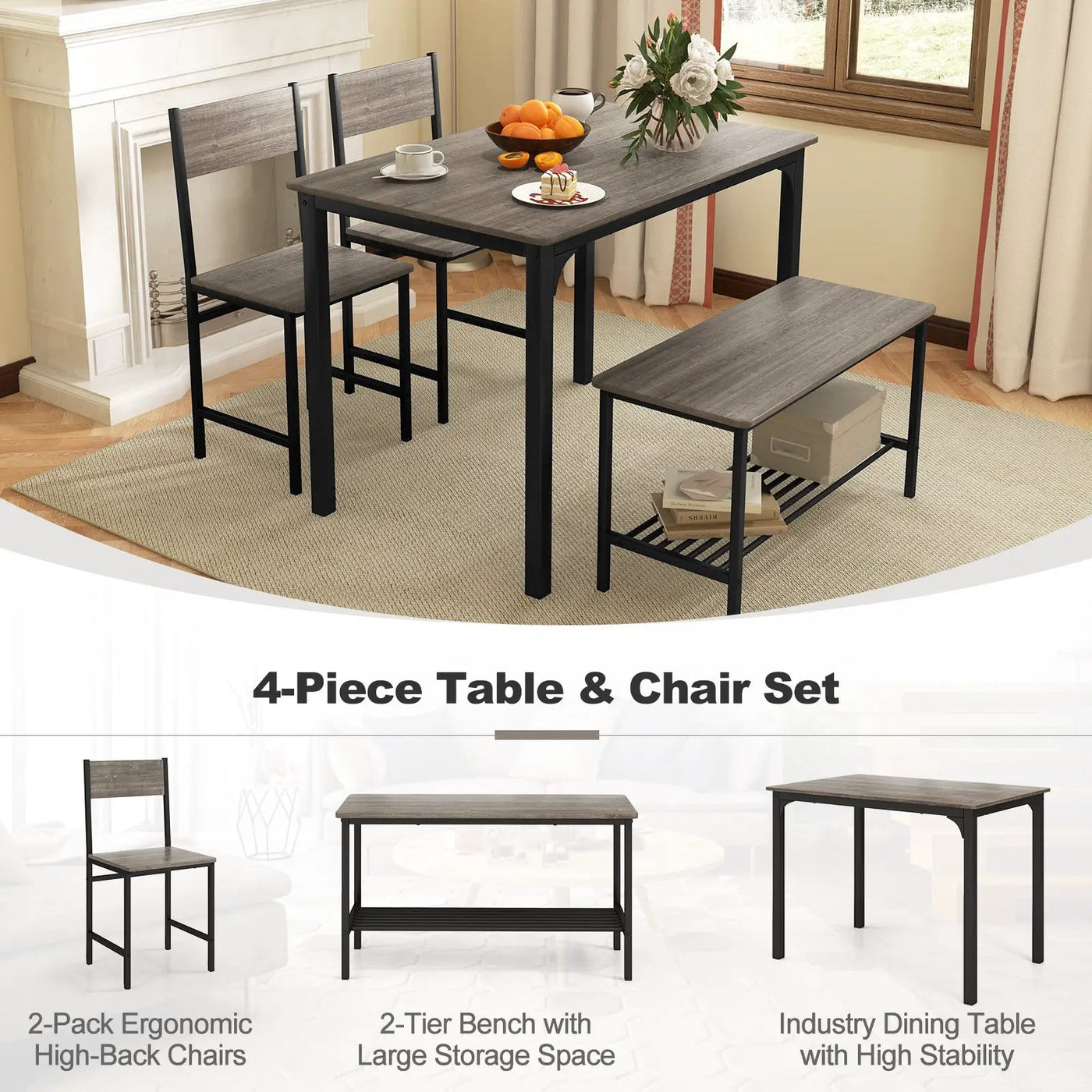4 Pieces Rustic Dining Table Set with 2 Chairs and Bench by DirectDeals