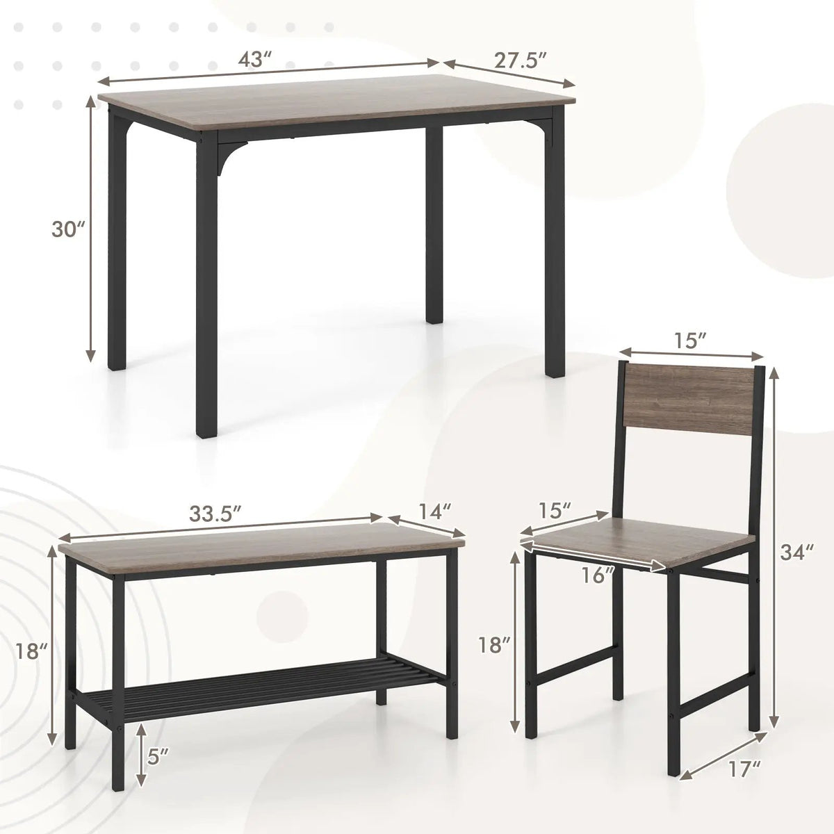 4 Pieces Rustic Dining Table Set with 2 Chairs and Bench by DirectDeals
