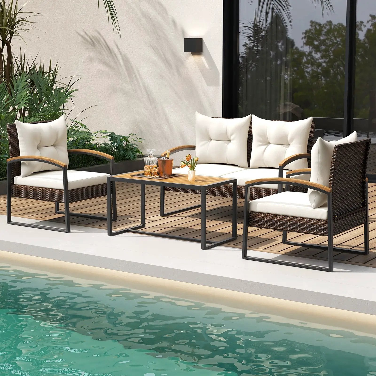 4 Pieces Patio Conversation Set with Acacia Wood Armrests and Tabletop and Cushions-White by DirectDeals