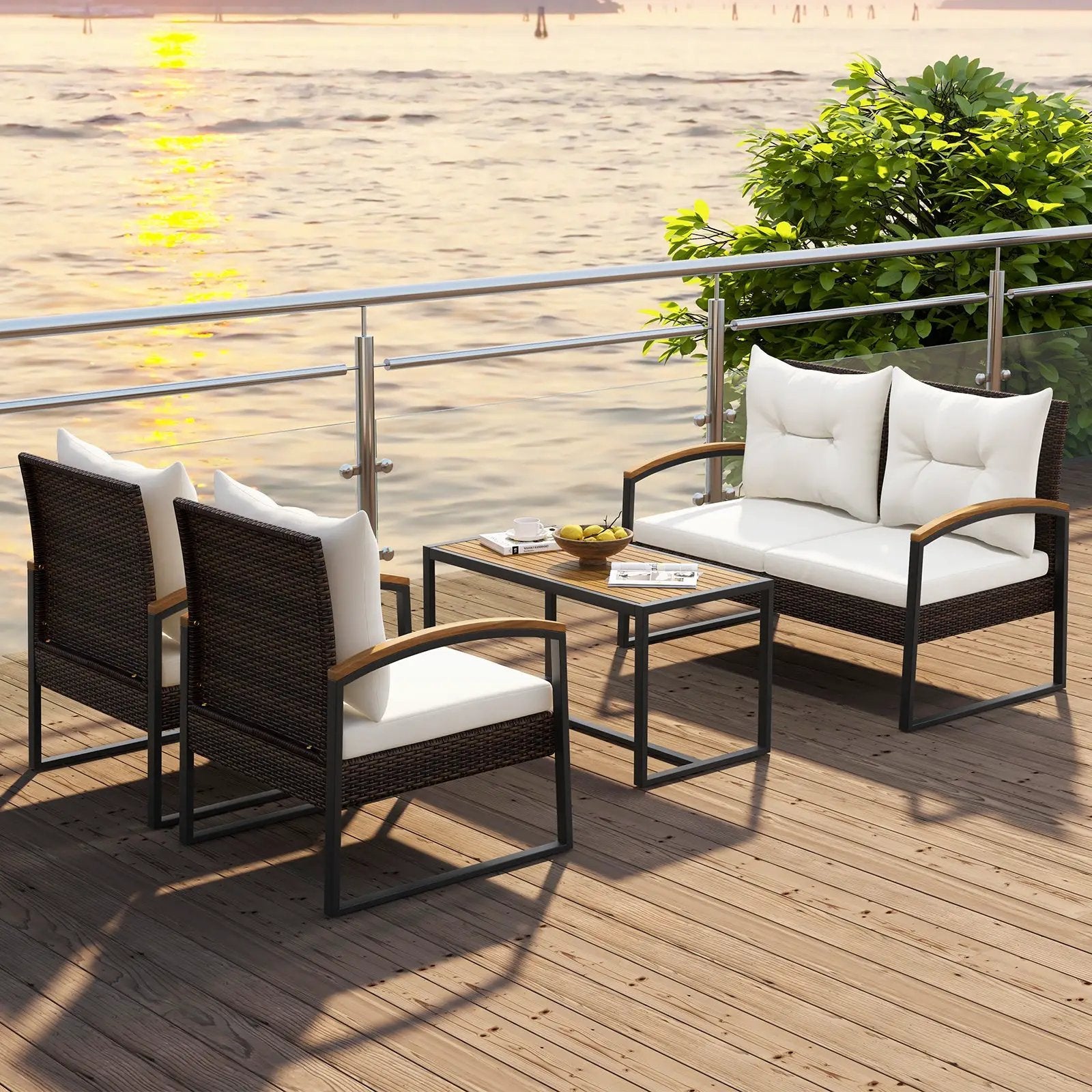 4 Pieces Patio Conversation Set with Acacia Wood Armrests and Tabletop and Cushions-White by DirectDeals