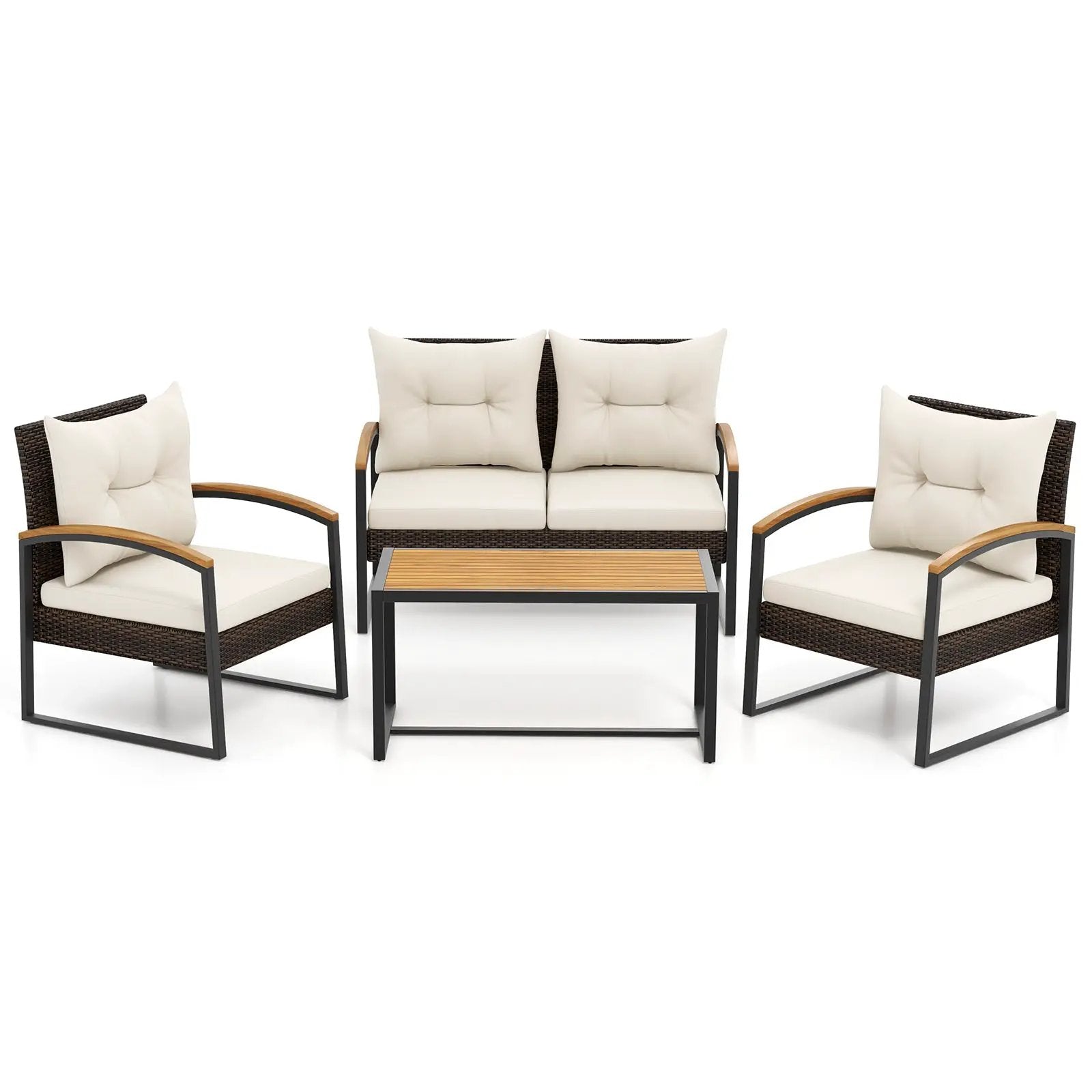 4 Pieces Patio Conversation Set with Acacia Wood Armrests and Tabletop and Cushions-White by DirectDeals