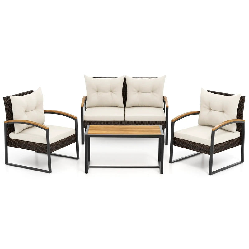 4 Pieces Patio Conversation Set with Acacia Wood Armrests and Tabletop and Cushions-White by DirectDeals