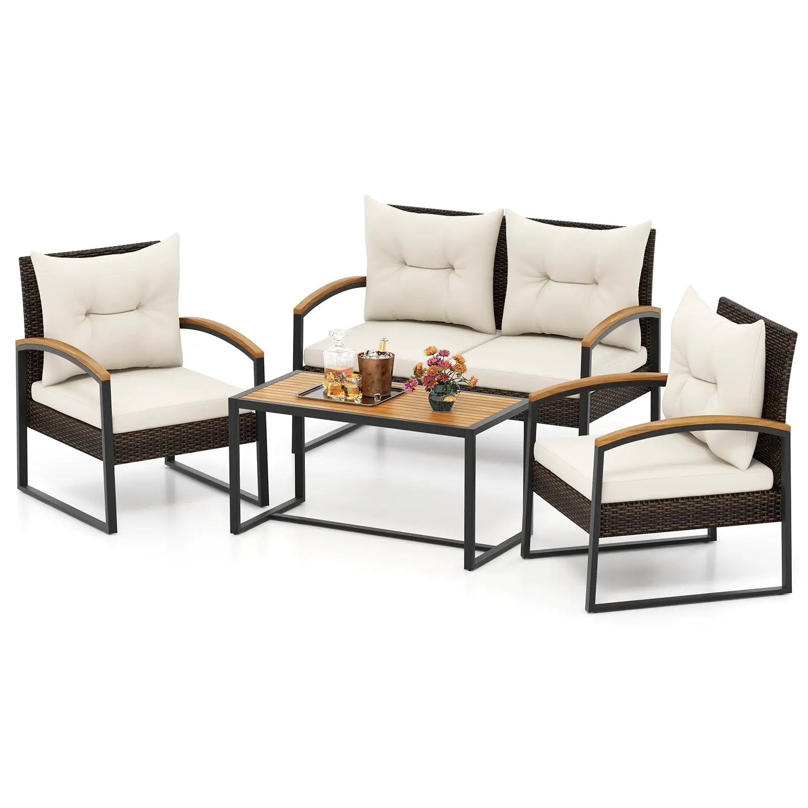 4 Pieces Patio Conversation Set with Acacia Wood Armrests and Tabletop and Cushions-White by DirectDeals