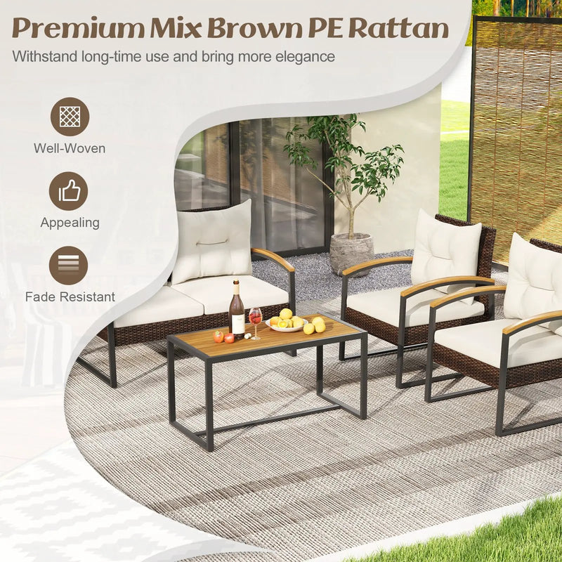 4 Pieces Patio Conversation Set with Acacia Wood Armrests and Tabletop and Cushions-White by DirectDeals