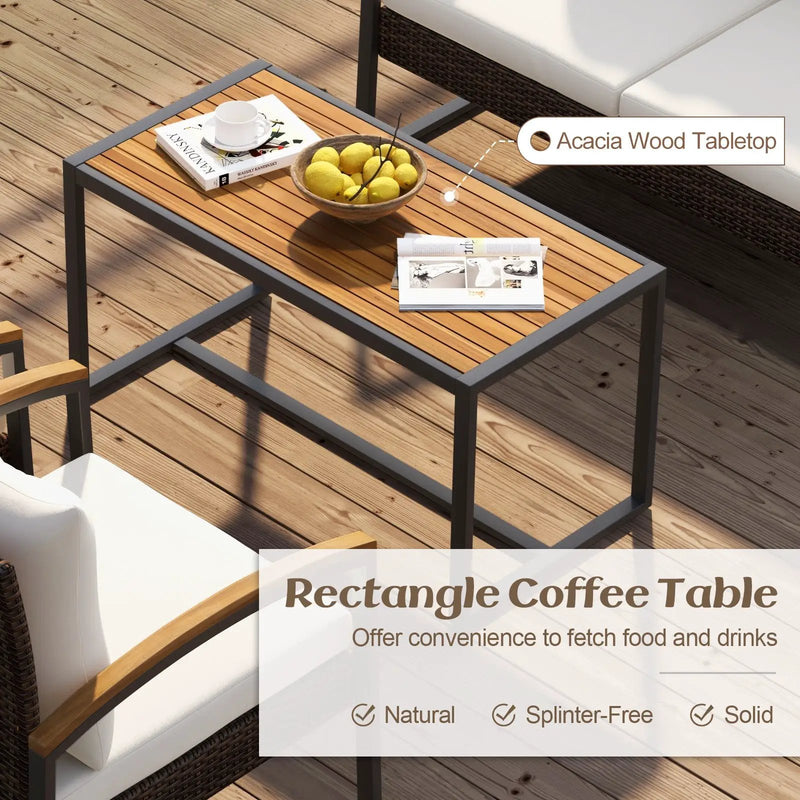 4 Pieces Patio Conversation Set with Acacia Wood Armrests and Tabletop and Cushions-White by DirectDeals