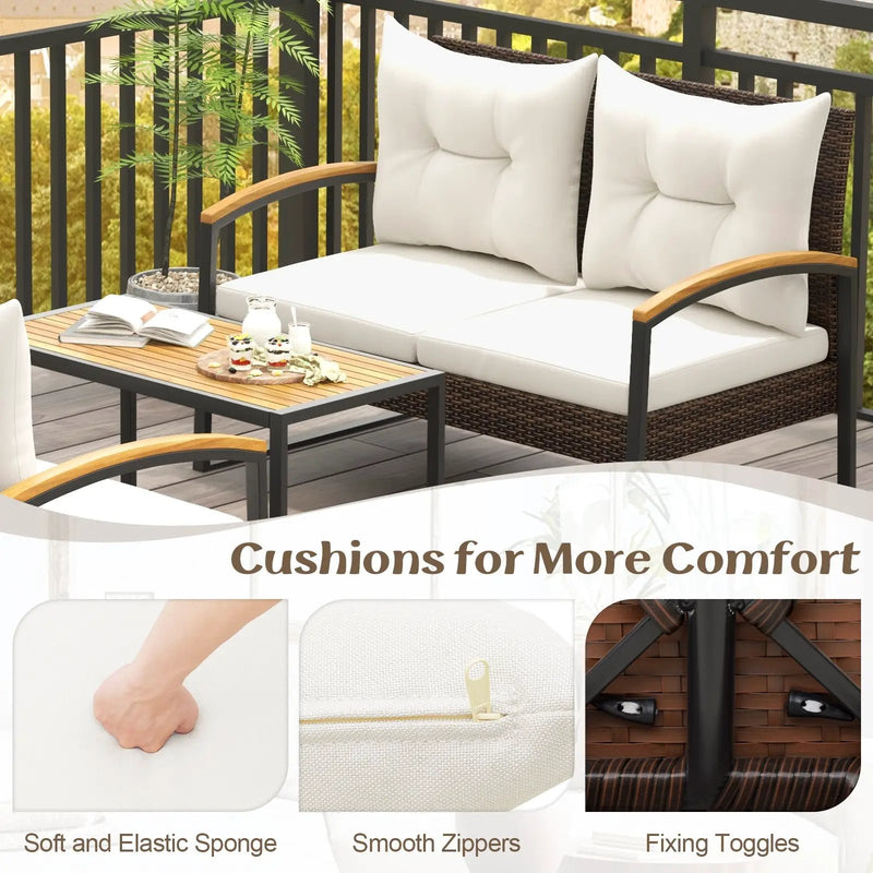 4 Pieces Patio Conversation Set with Acacia Wood Armrests and Tabletop and Cushions-White by DirectDeals
