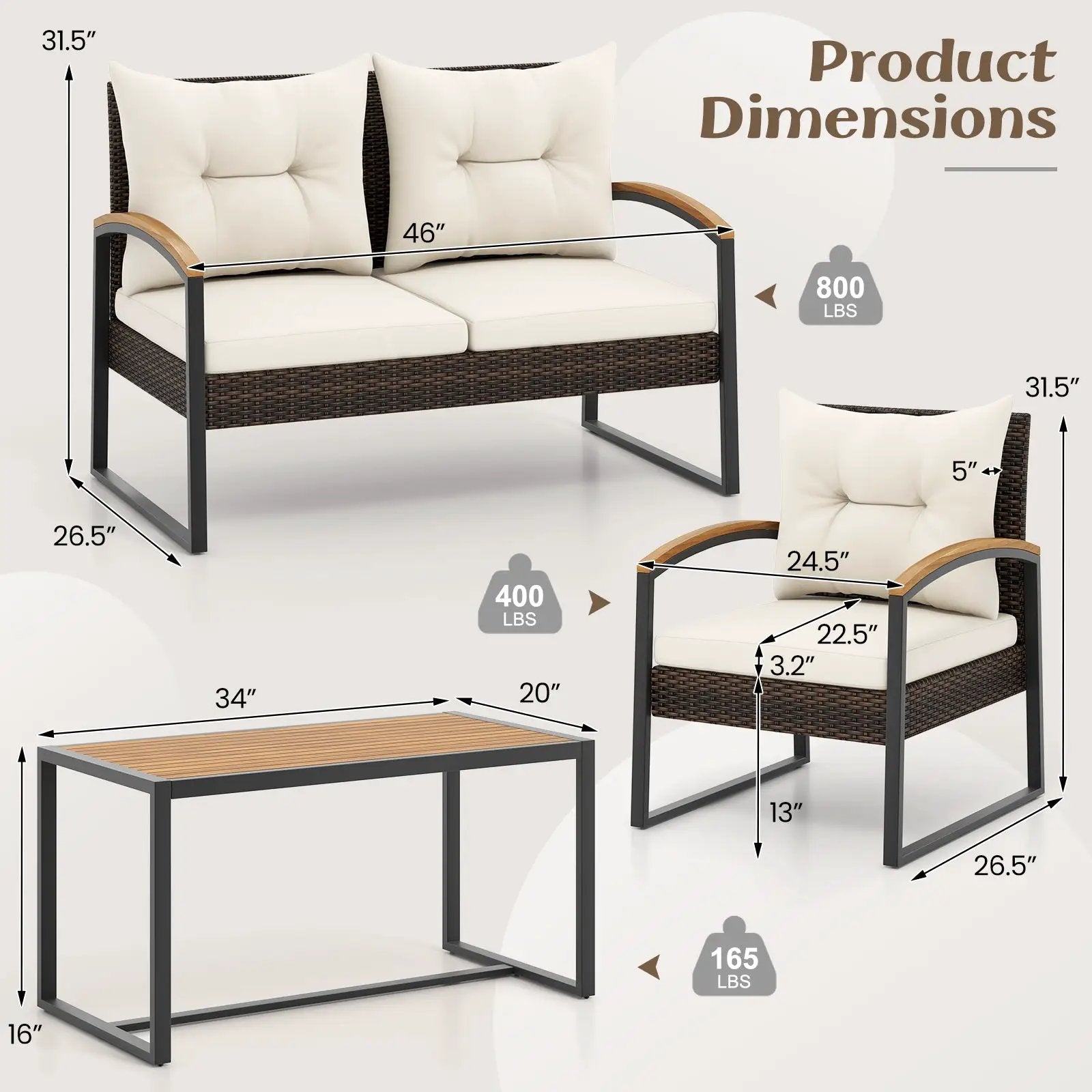 4 Pieces Patio Conversation Set with Acacia Wood Armrests and Tabletop and Cushions-White by DirectDeals