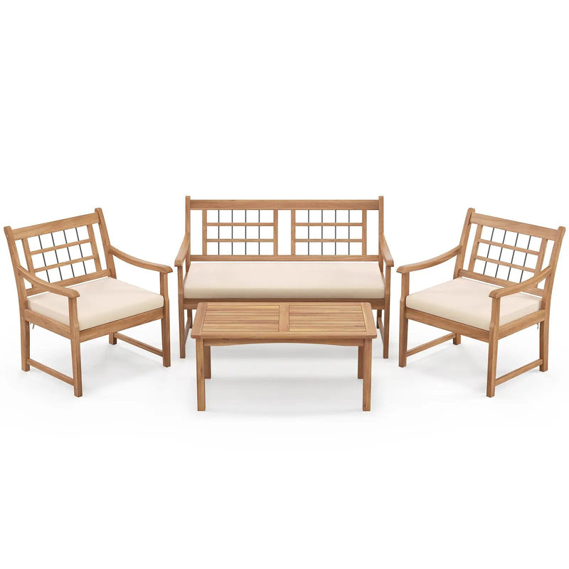4 Piece Wood Patio Furniture with Armchairs Loveseat and Coffee Table by DirectDeals