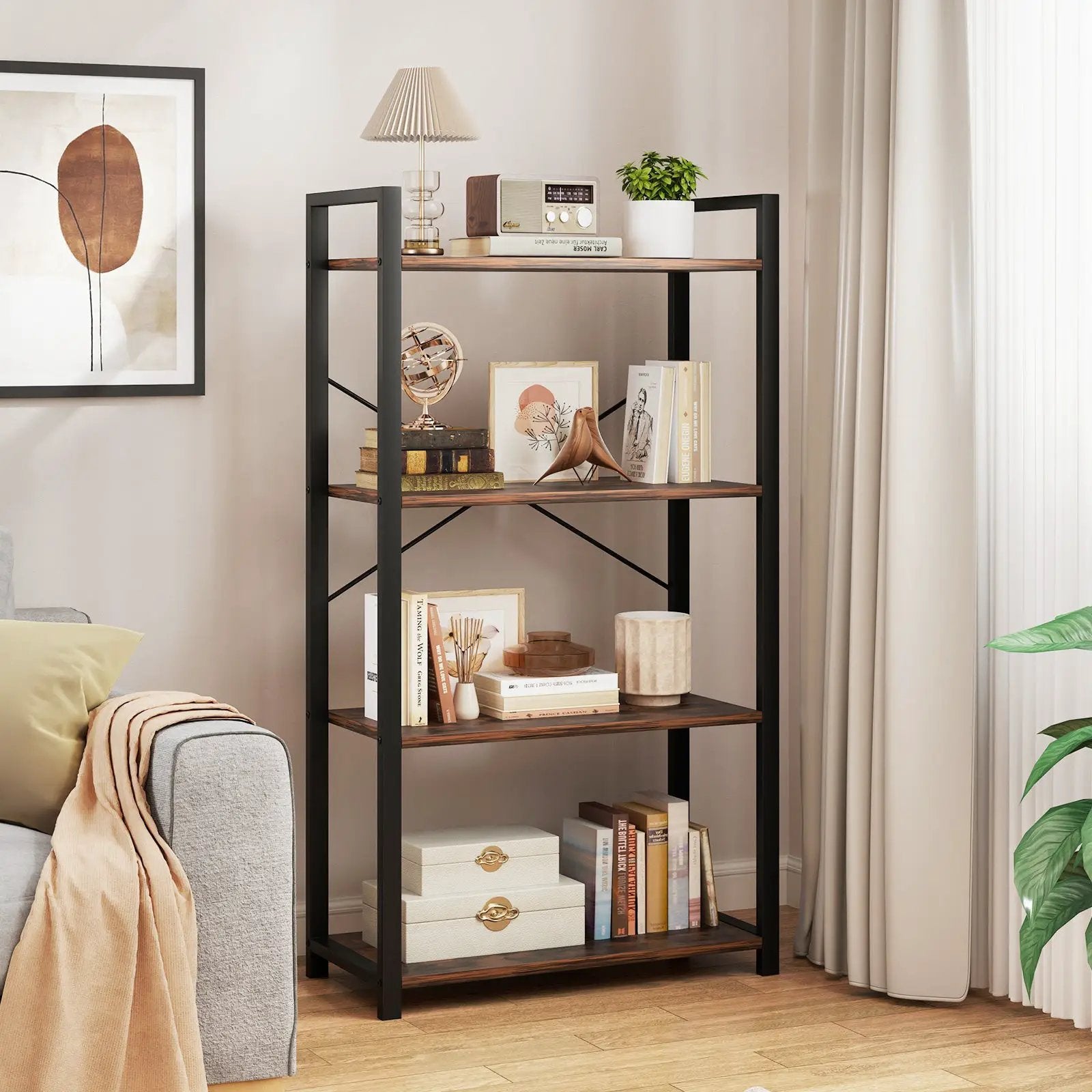 4-Tier Bookshelf with Heavy Duty Metal Frame Industrial Display Shelf-Rustic Brown by DirectDeals