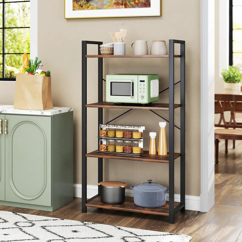 4-Tier Bookshelf with Heavy Duty Metal Frame Industrial Display Shelf-Rustic Brown by DirectDeals