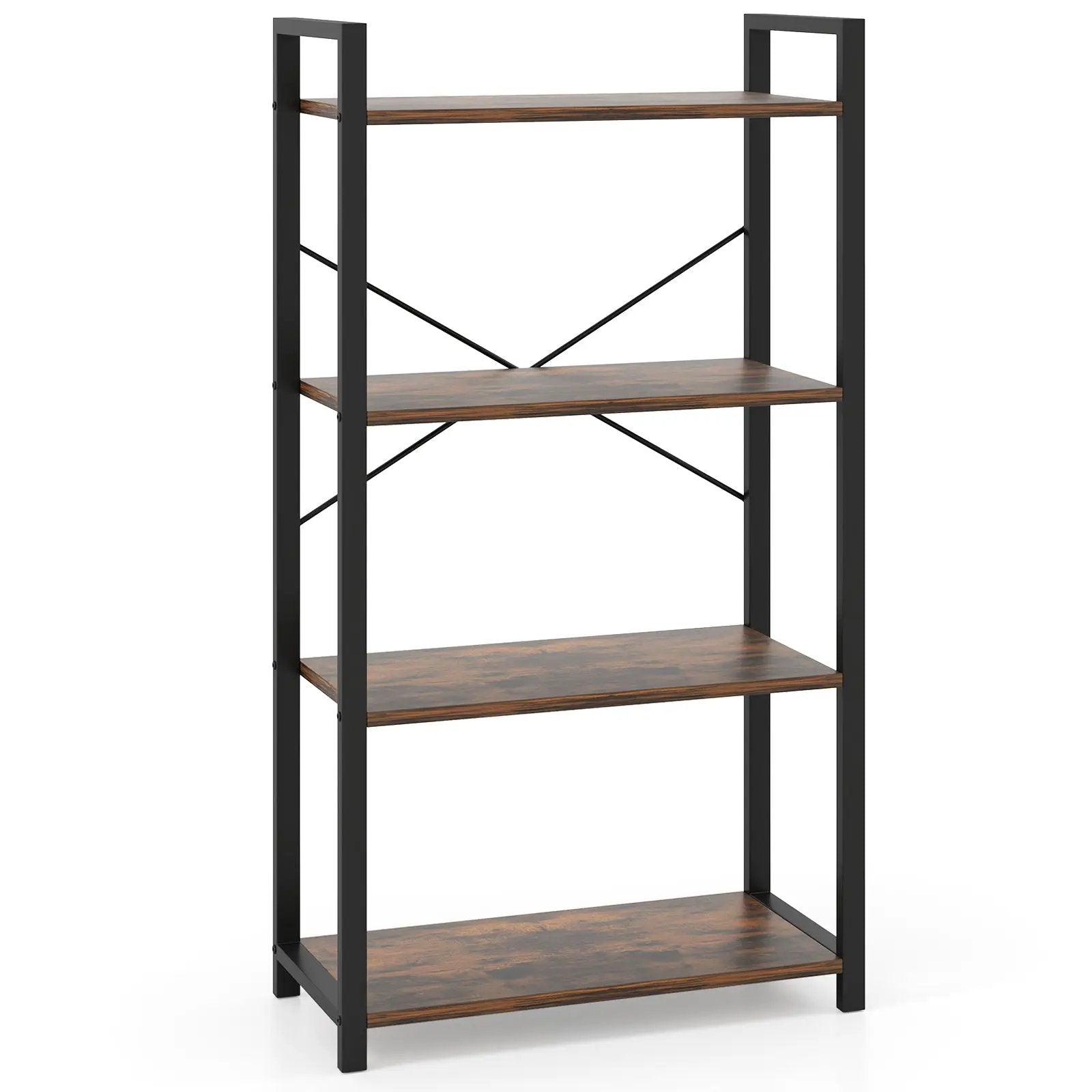 4-Tier Bookshelf with Heavy Duty Metal Frame Industrial Display Shelf-Rustic Brown by DirectDeals