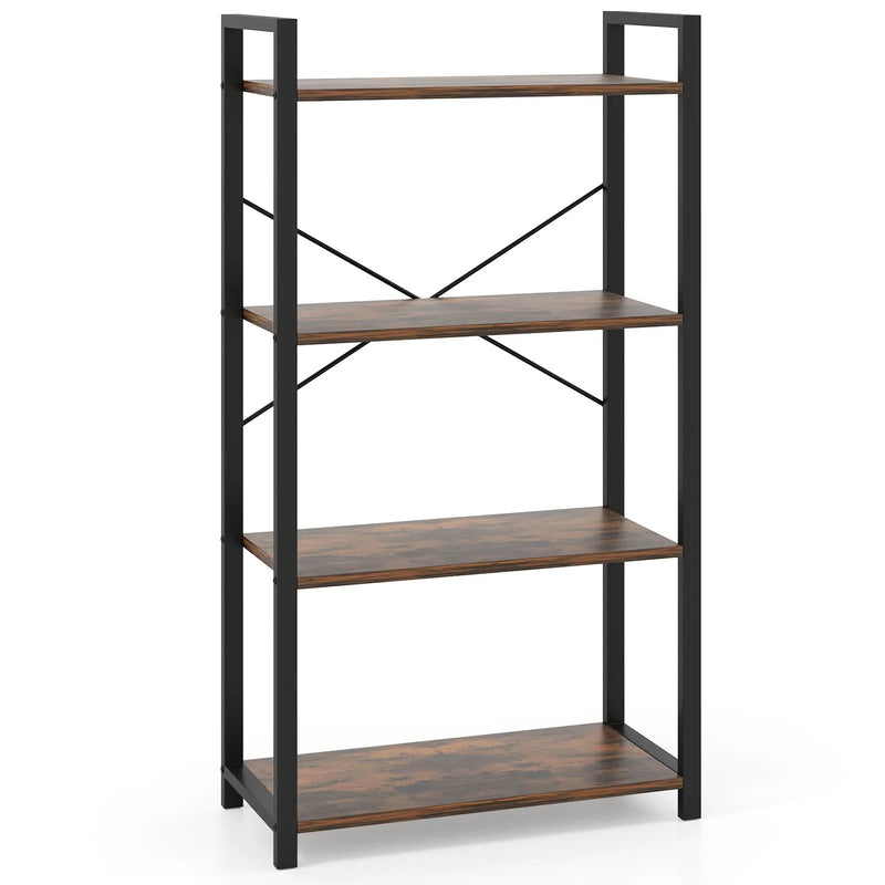 4-Tier Bookshelf with Heavy Duty Metal Frame Industrial Display Shelf-Rustic Brown by DirectDeals
