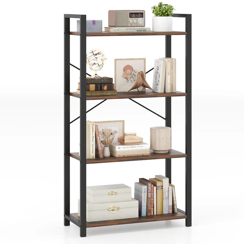 4-Tier Bookshelf with Heavy Duty Metal Frame Industrial Display Shelf-Rustic Brown by DirectDeals