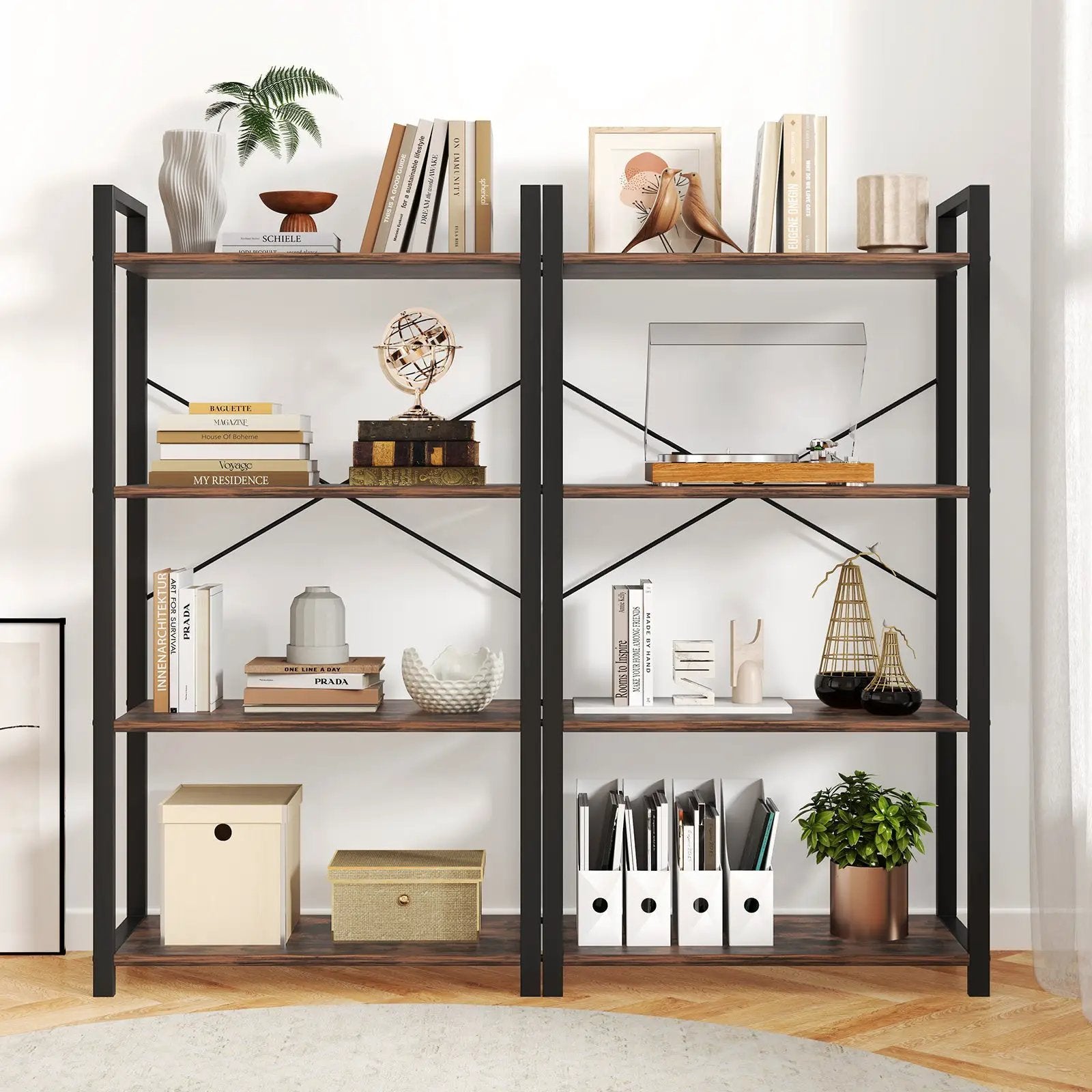 4-Tier Bookshelf with Heavy Duty Metal Frame Industrial Display Shelf-Rustic Brown by DirectDeals