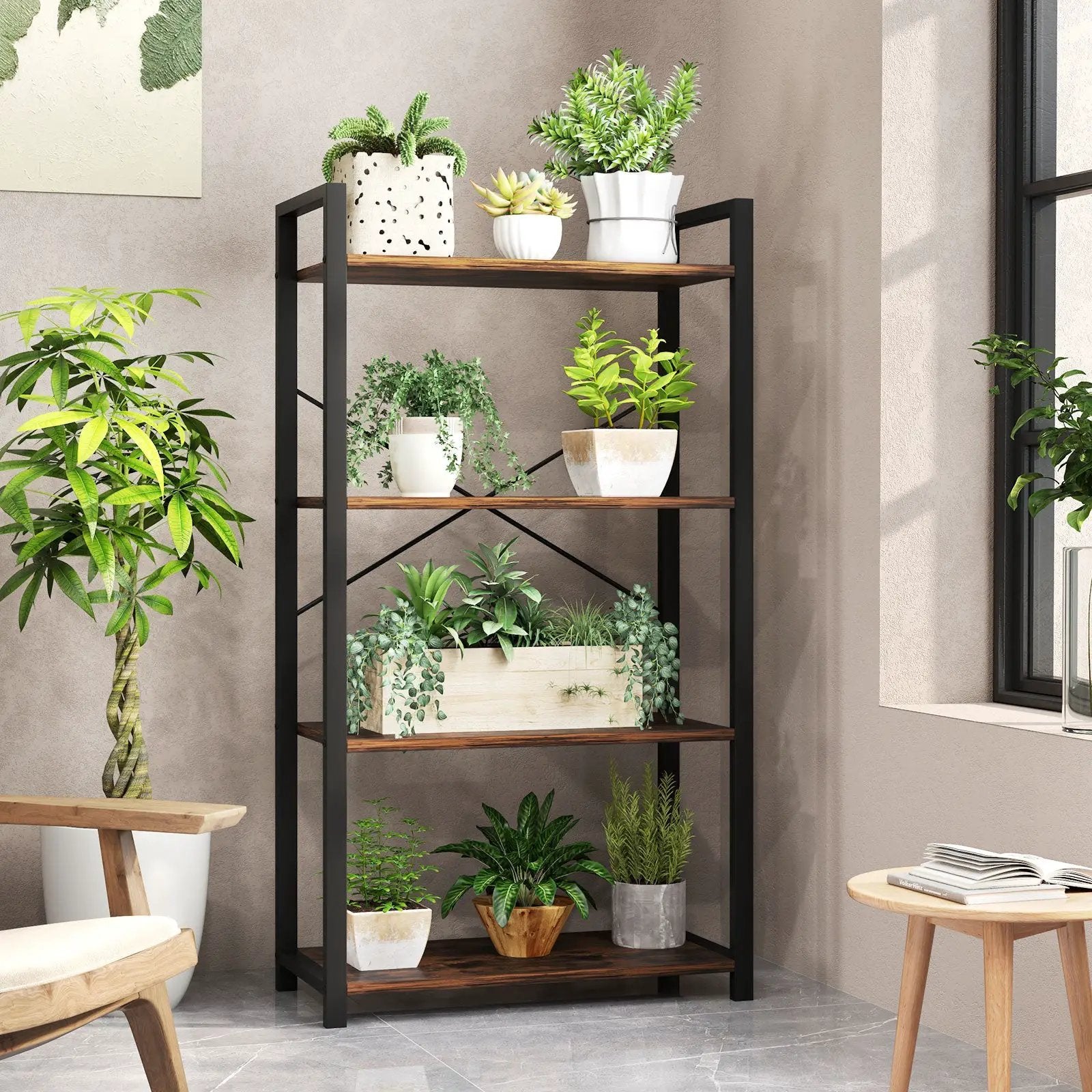 4-Tier Bookshelf with Heavy Duty Metal Frame Industrial Display Shelf-Rustic Brown by DirectDeals