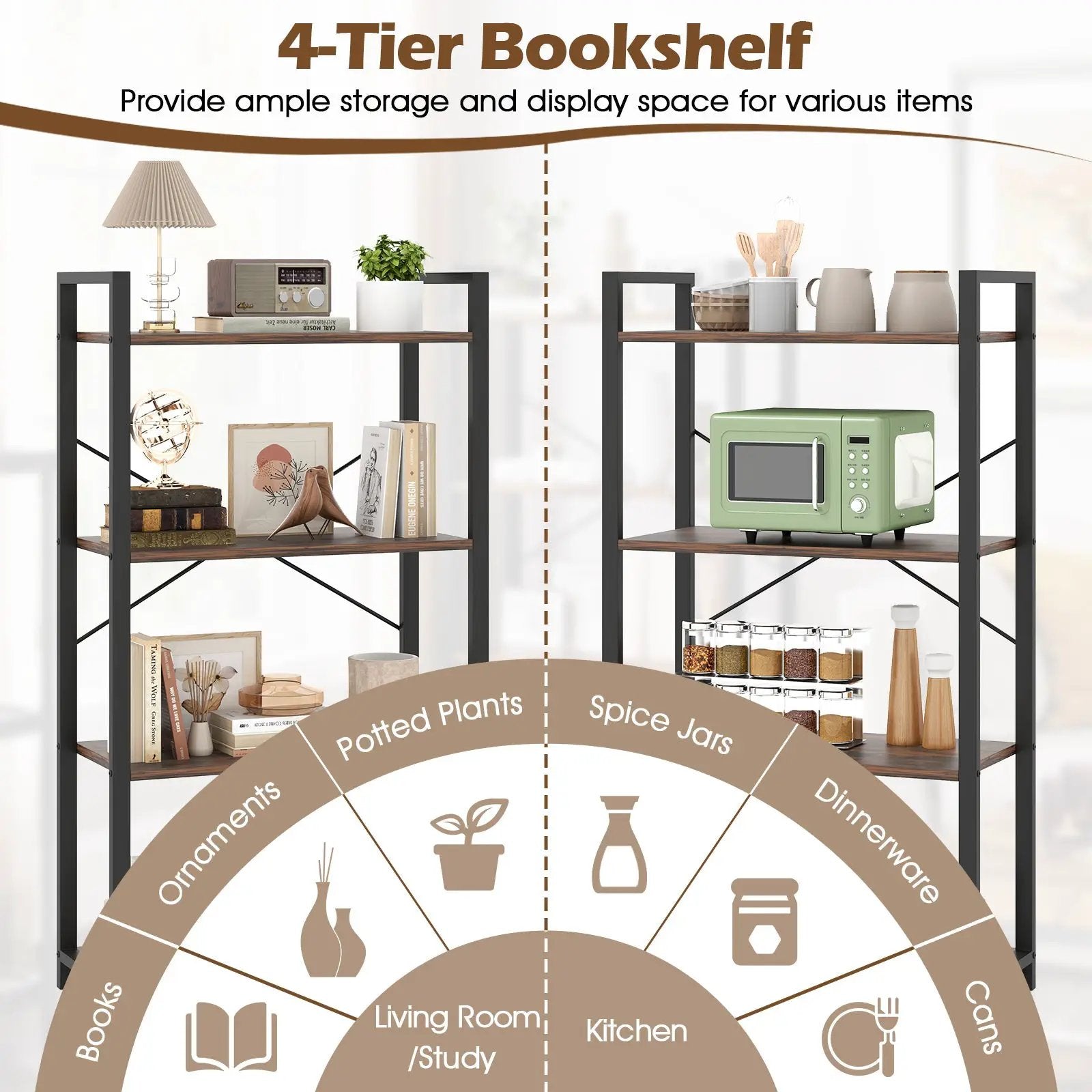 4-Tier Bookshelf with Heavy Duty Metal Frame Industrial Display Shelf-Rustic Brown by DirectDeals