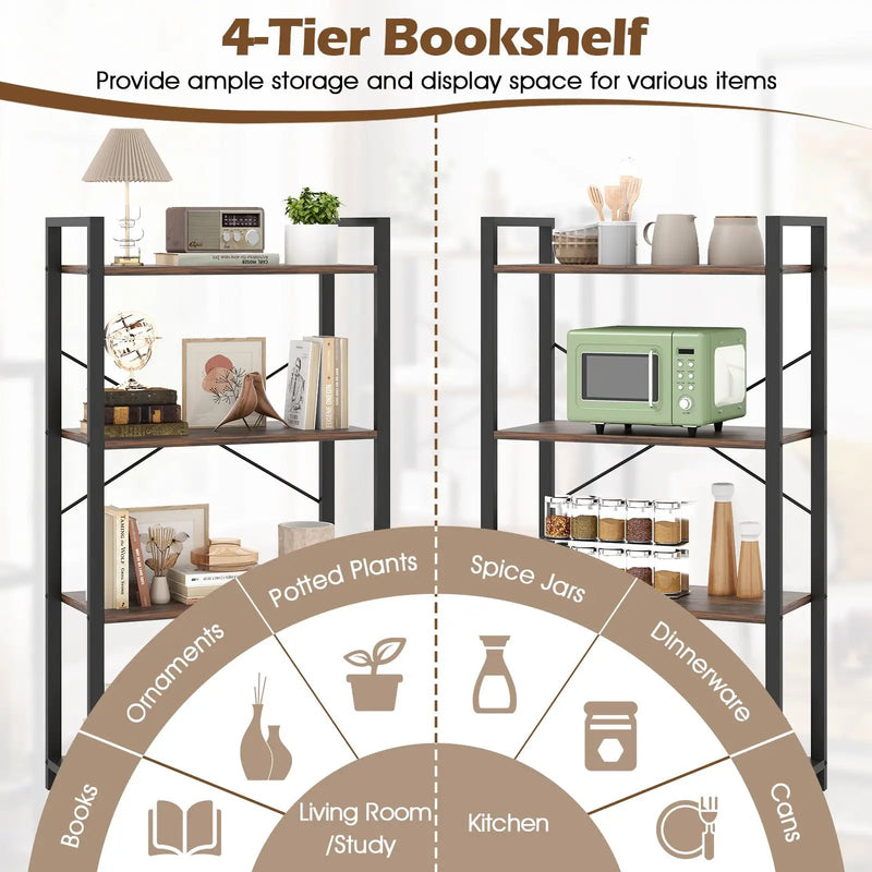 4-Tier Bookshelf with Heavy Duty Metal Frame Industrial Display Shelf-Rustic Brown by DirectDeals