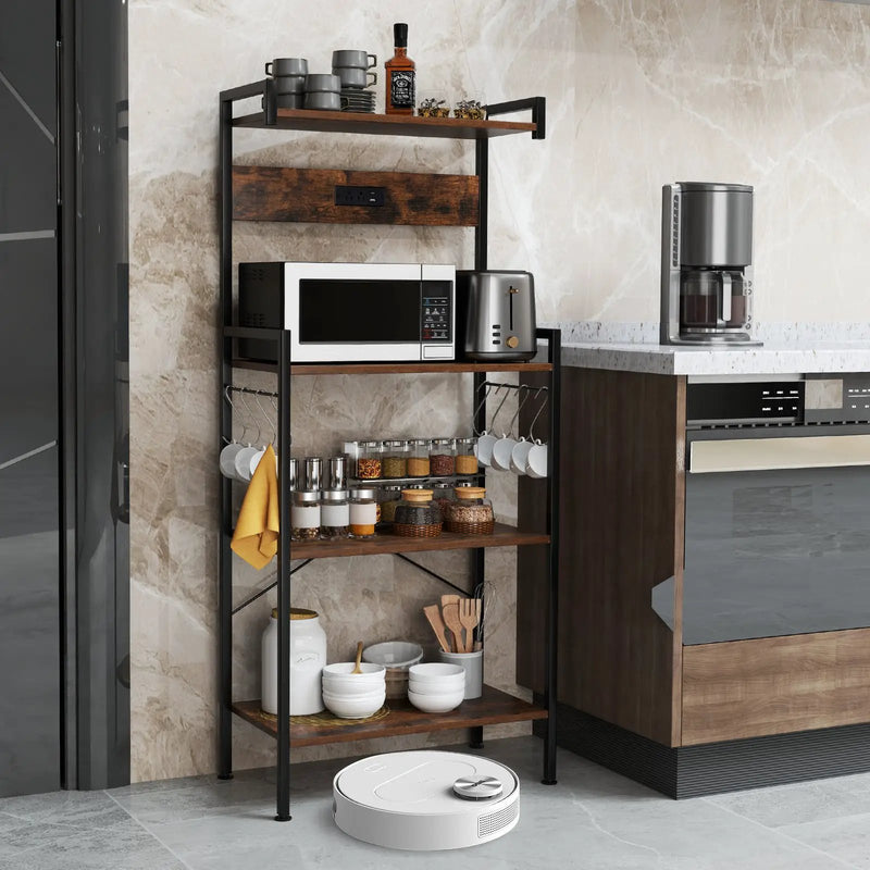 4-Tier Kitchen Bakers Rack with Power Outlet and 8 Hooks-Rustic Brown by DirectDeals