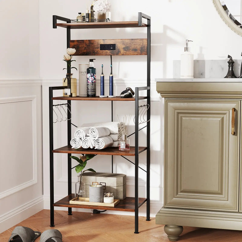 4-Tier Kitchen Bakers Rack with Power Outlet and 8 Hooks-Rustic Brown by DirectDeals