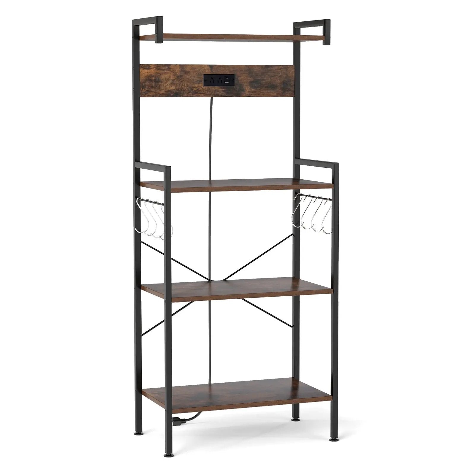 4-Tier Kitchen Bakers Rack with Power Outlet and 8 Hooks-Rustic Brown by DirectDeals