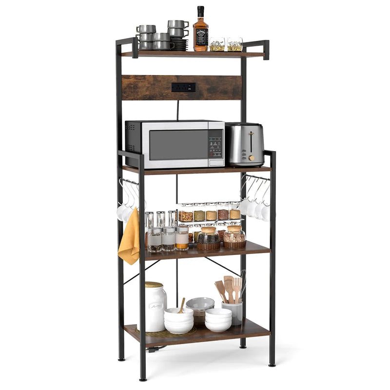 4-Tier Kitchen Bakers Rack with Power Outlet and 8 Hooks-Rustic Brown by DirectDeals