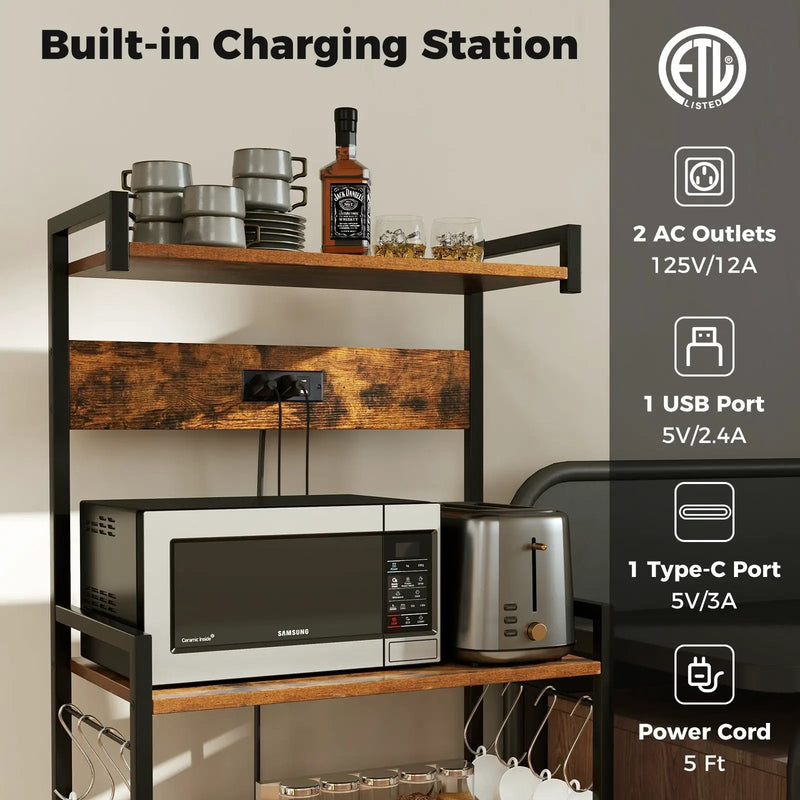 4-Tier Kitchen Bakers Rack with Power Outlet and 8 Hooks-Rustic Brown by DirectDeals