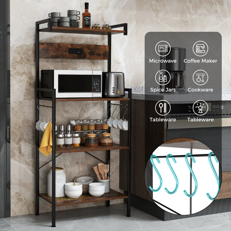 4-Tier Kitchen Bakers Rack with Power Outlet and 8 Hooks-Rustic Brown by DirectDeals