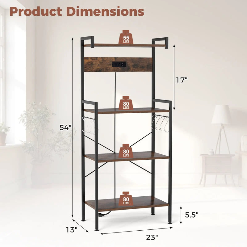 4-Tier Kitchen Bakers Rack with Power Outlet and 8 Hooks-Rustic Brown by DirectDeals