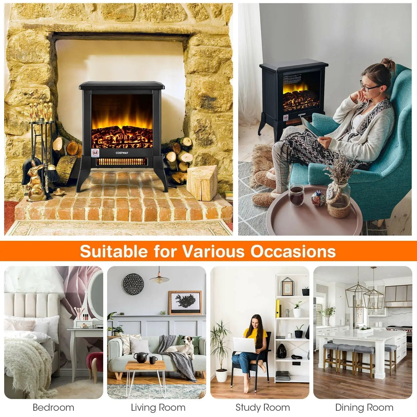 Compact Portable Space Heater with Realistic Flame Effect-Black by DirectDeals