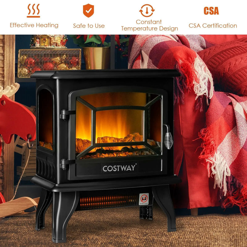 Freestanding Fireplace Heater with Realistic Dancing Flame Effect-Black by DirectDeals