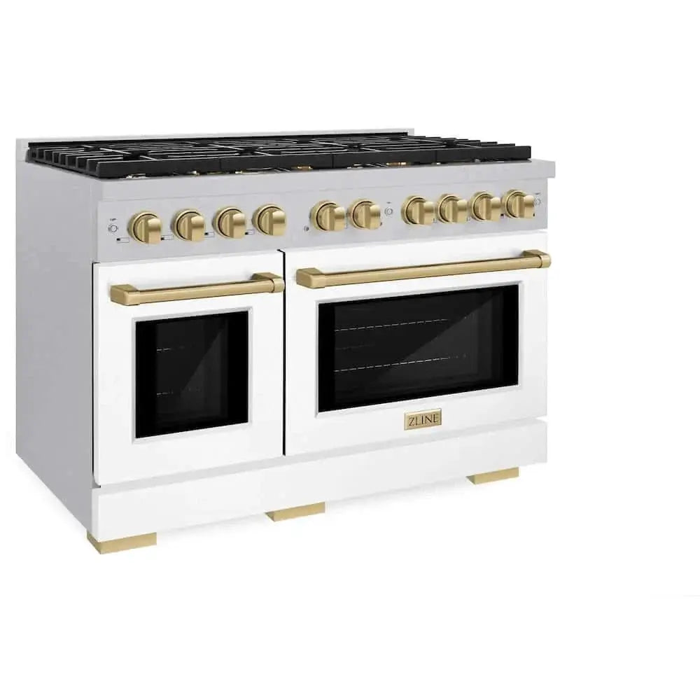 ZLINE 48"Gas Range, Convection Gas Oven, DuraSnow® White Matte, Champagne Bronze SGRSZ-WM-48-CB by Farmhouse Kitchen and Bath