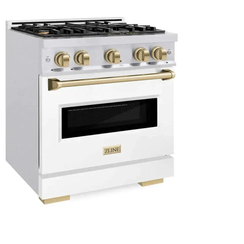 ZLINE 30" Dual Fuel Range, Gas Cooktop, Electric Convection Oven DuraSnow® Stainless Steel, White Matte Door, Champagne Bronze CDRSZ-WM-30-CB by Farmhouse Kitchen and Bath