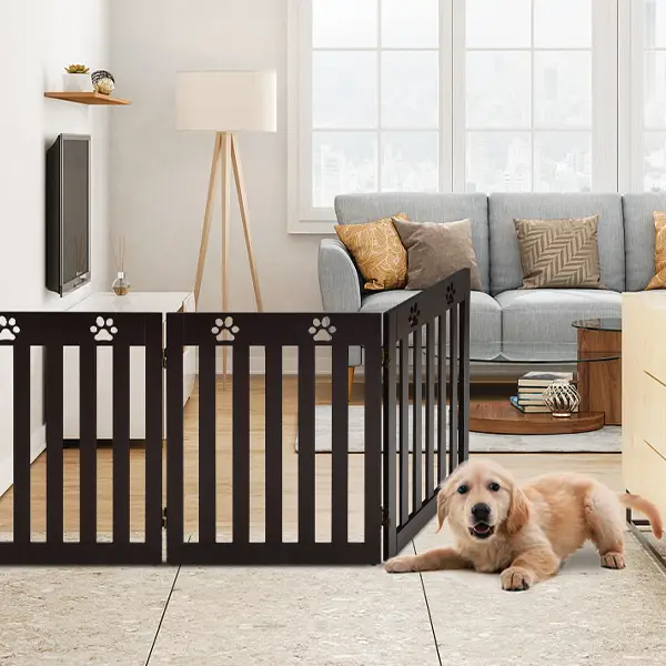 24 Inch Folding Wooden Freestanding Dog Gate with 360¬∞ Flexible Hinge for Pet, photo 13 of 16