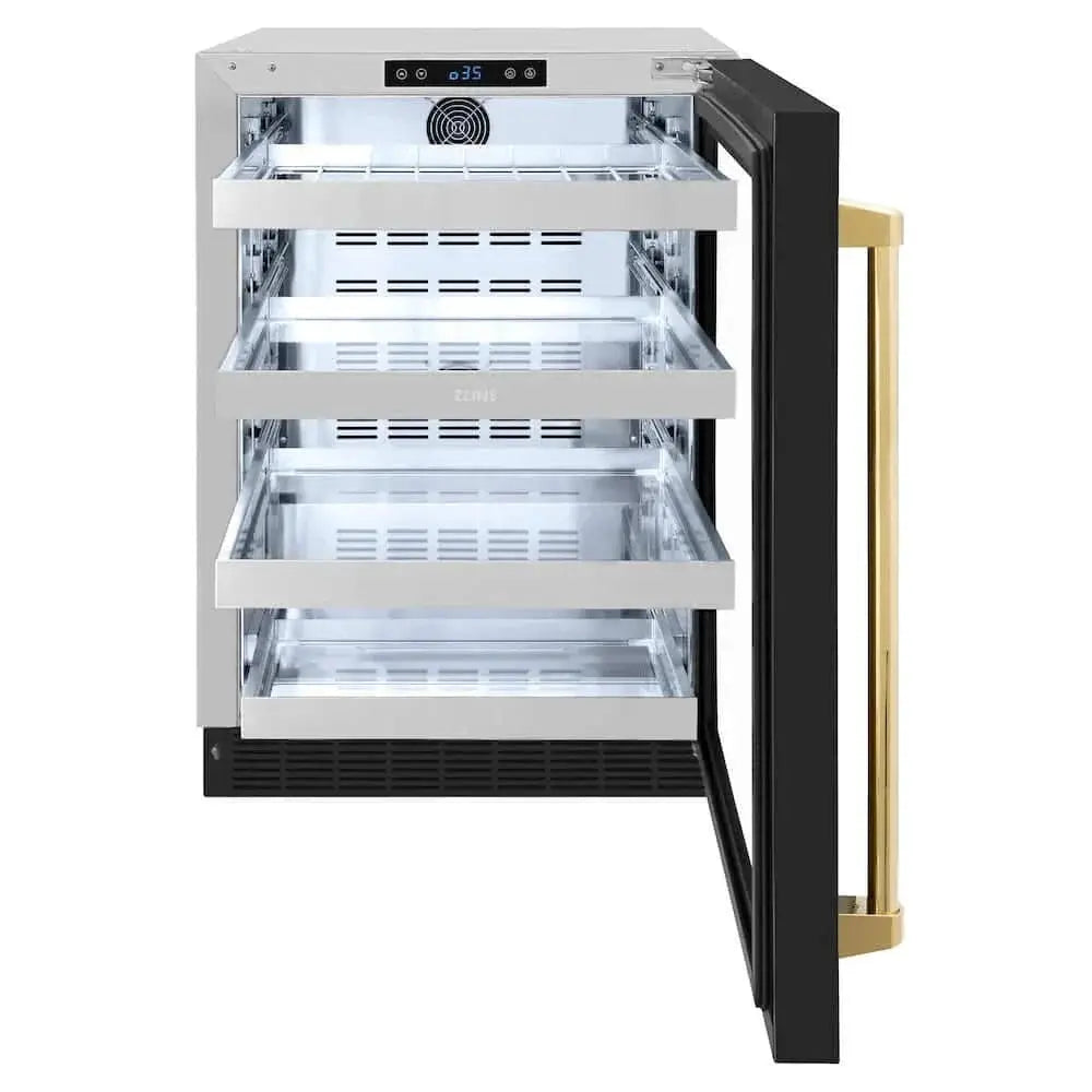 ZLINE 24" Touchstone 151 Can Beverage Fridge Black Matte Glass Door Gold RBSOZ-BLM-24-G by Farmhouse Kitchen and Bath