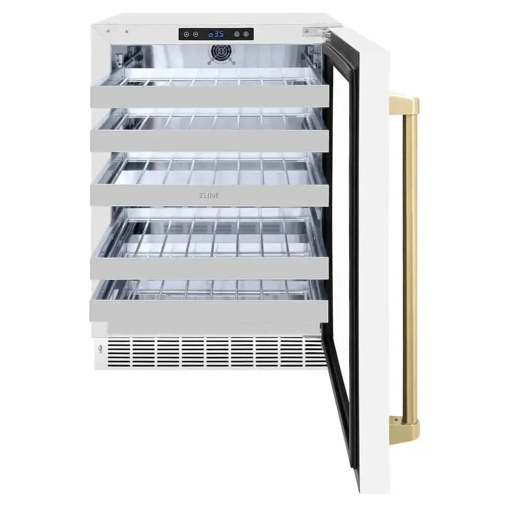 ZLINE 24" Touchstone Dual Zone 44 Bottle Wine Cooler White Matte Glass Door Champagne Bronze Handle RWDOZ-WM-24-CB by Farmhouse Kitchen and Bath