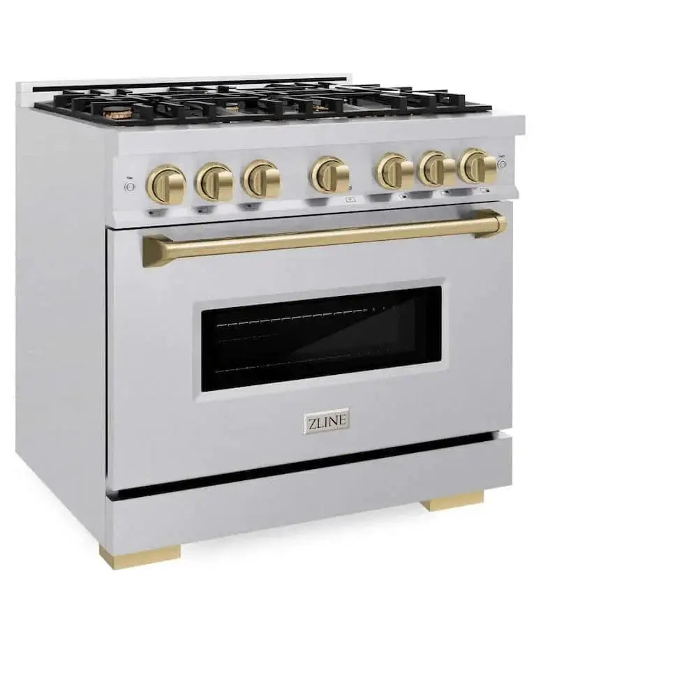 ZLINE 36" Classic Gas Range, Convection Gas Oven DuraSnow® Stainless Steel, Champagne Bronze CGRSZ-36-CB by Farmhouse Kitchen and Bath