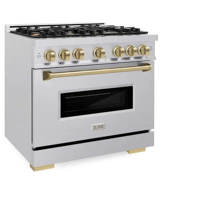 ZLINE 36" Classic Gas Range, Convection Gas Oven DuraSnow® Stainless Steel, Champagne Bronze CGRSZ-36-CB by Farmhouse Kitchen and Bath