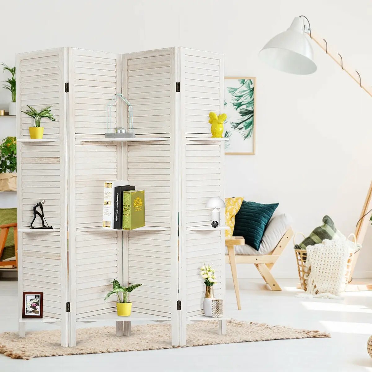 4 Panel Folding Room Divider Screen with 3 Display Shelves