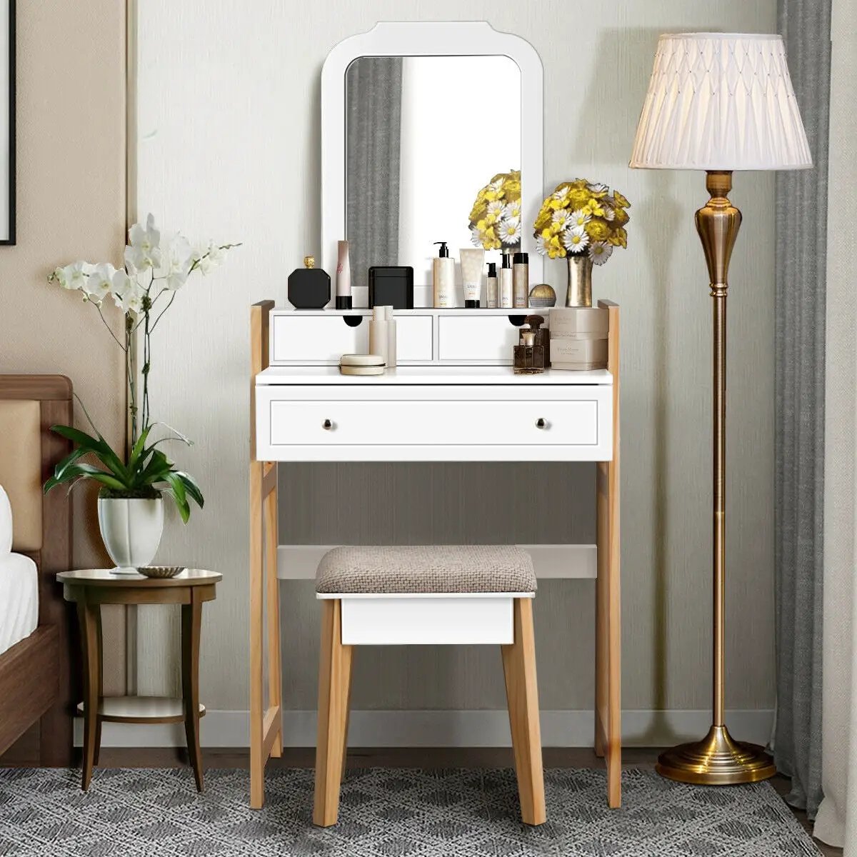Vanity Table Set with Cushioned Stool and Large Mirror by DirectDeals