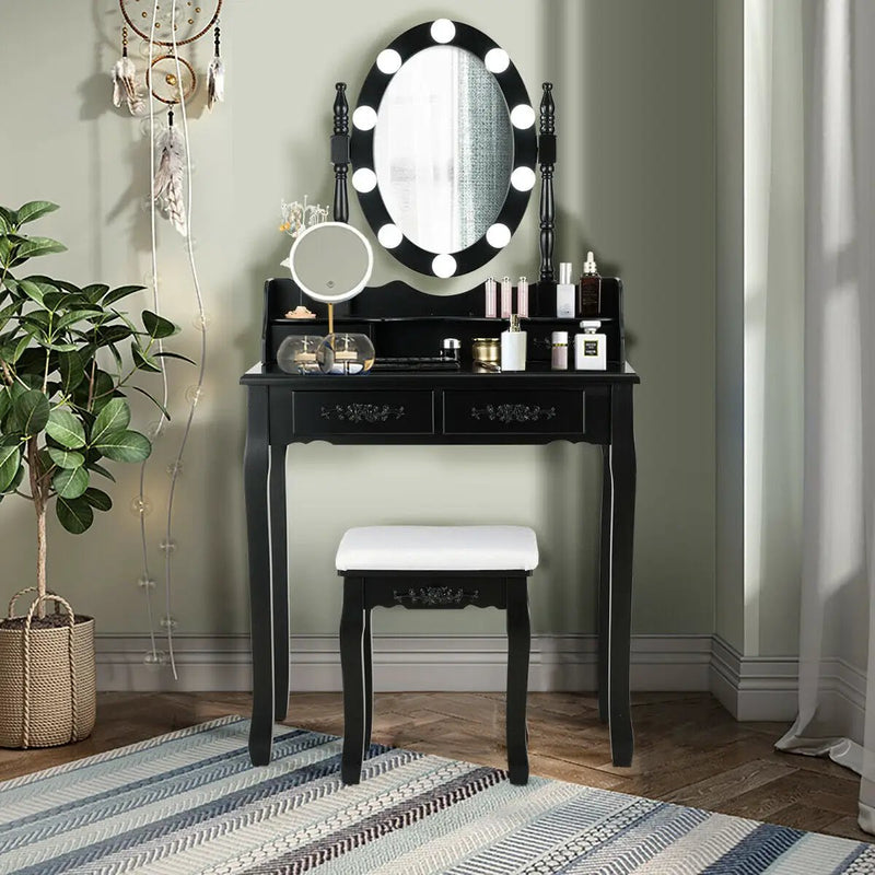 Makeup Dressing Table with Touch Switch Lighted Mirror and Cushioned Stool by DirectDeals