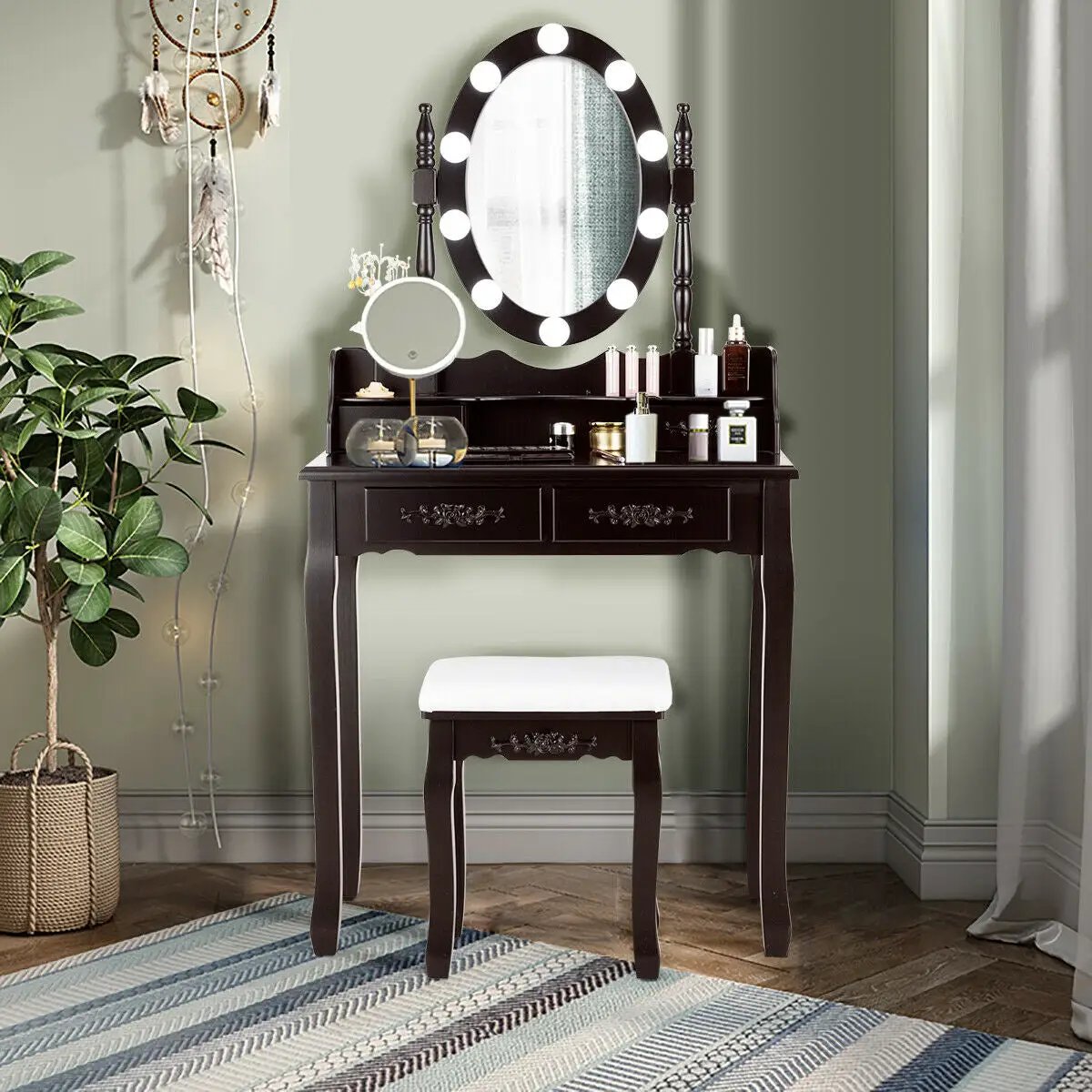 Makeup Dressing Table with Touch Switch Lighted Mirror and Cushioned Stool, photo 9 of 10