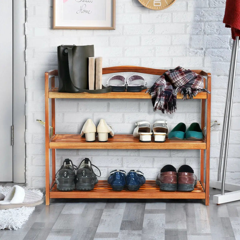 2-Tier Acacia Wood Shoe Rack with 4 Side Metal Hooks by DirectDeals