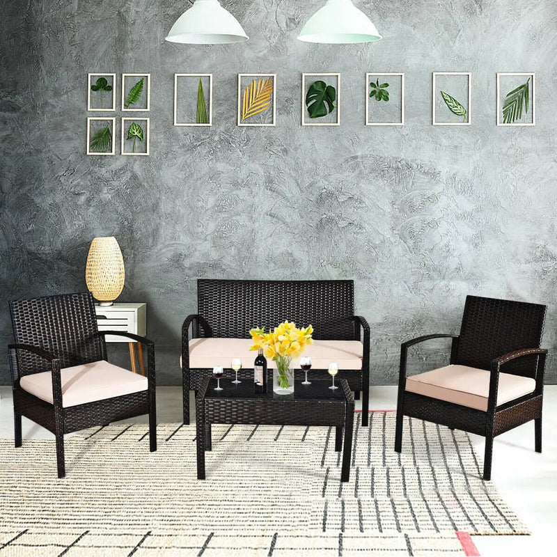 4 Pieces Patio Rattan Conversation Set with Loveseat Sofas and Coffee Table by DirectDeals